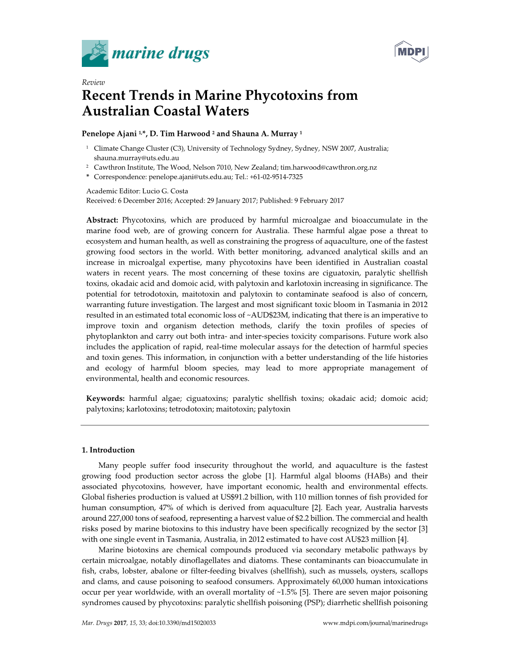 Recent Trends in Marine Phycotoxins from Australian Coastal Waters