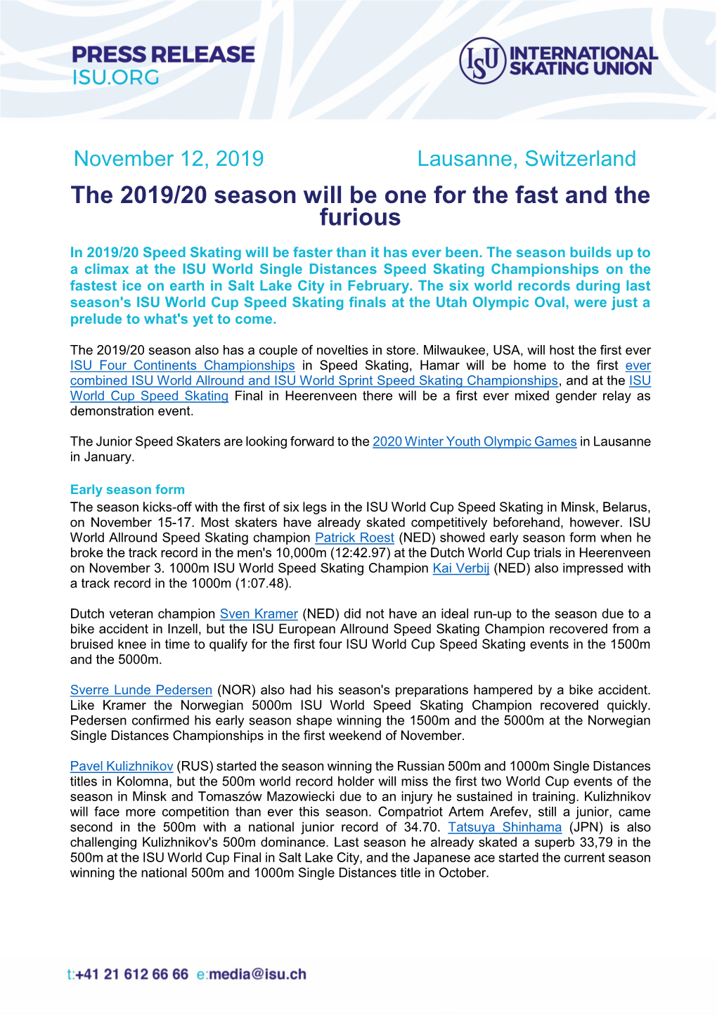 ISU Speed Skating Season 2019/20