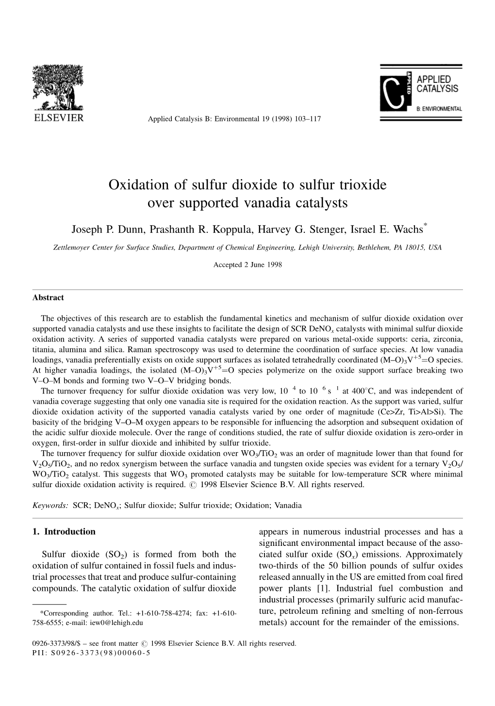 Oxidation of Sulfur Dioxide to Sulfur Trioxide Over Supported Vanadia Catalysts