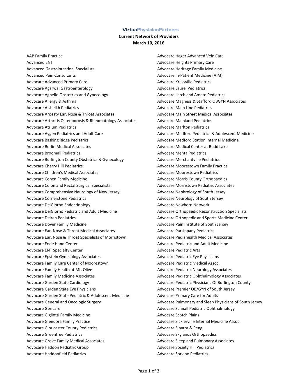 Current Network of Providers March 10, 2016 Page 1 of 3