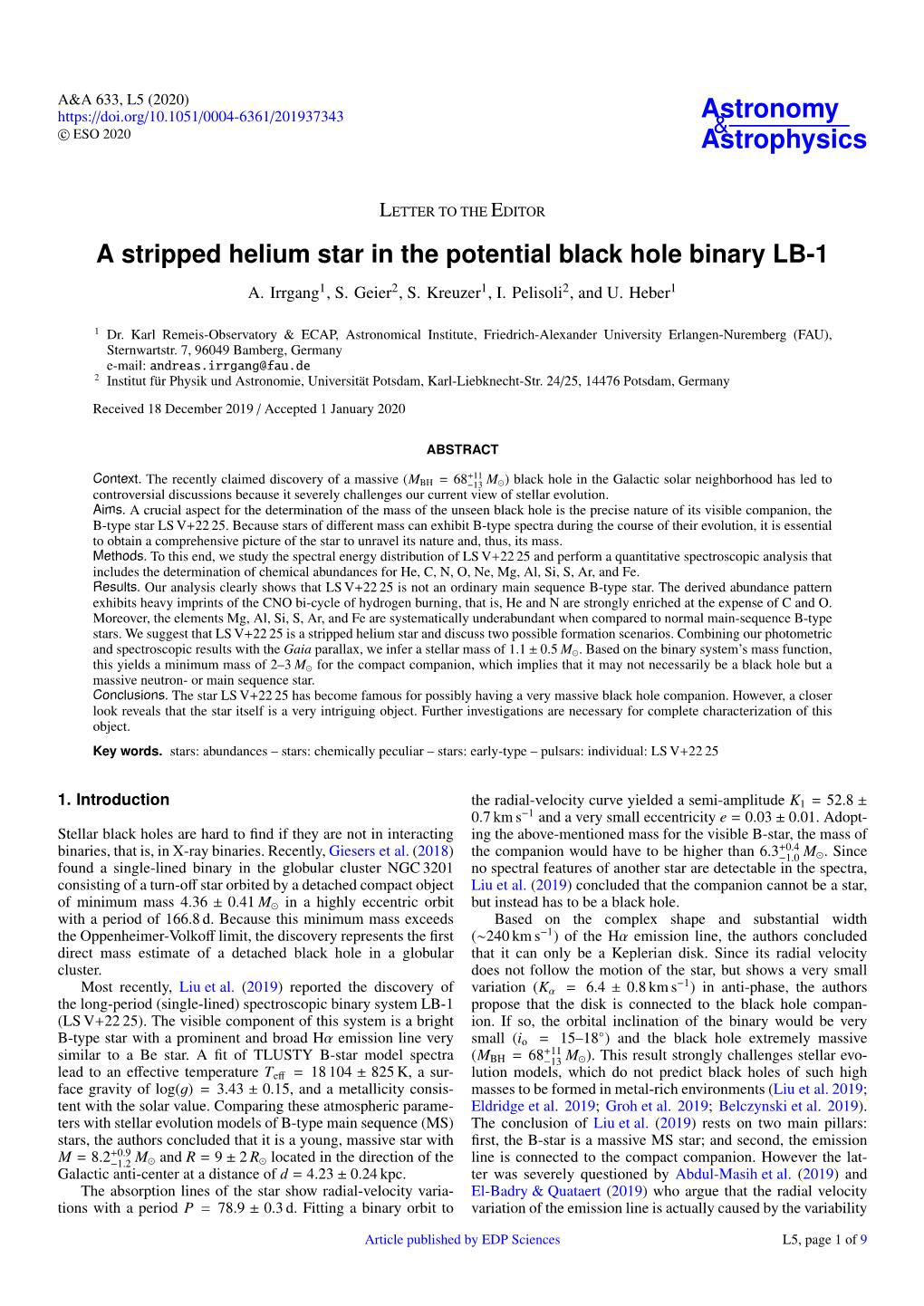 A Stripped Helium Star in the Potential Black Hole Binary LB-1 A