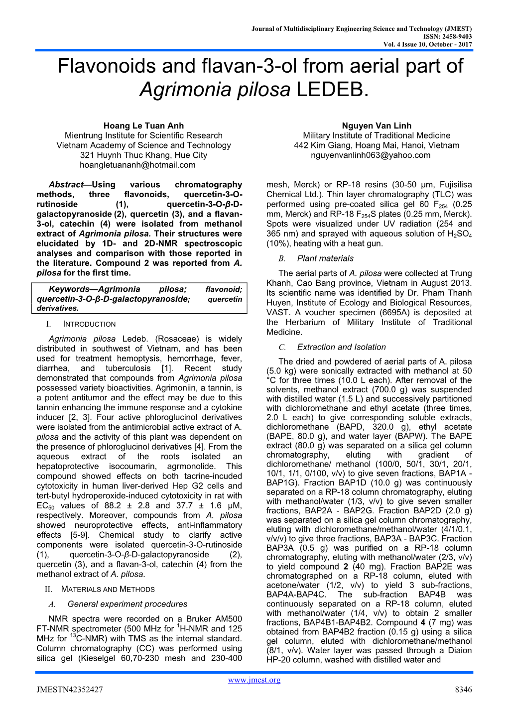 Flavonoids and Flavan-3-Ol from Aerial Part of Agrimonia Pilosa LEDEB