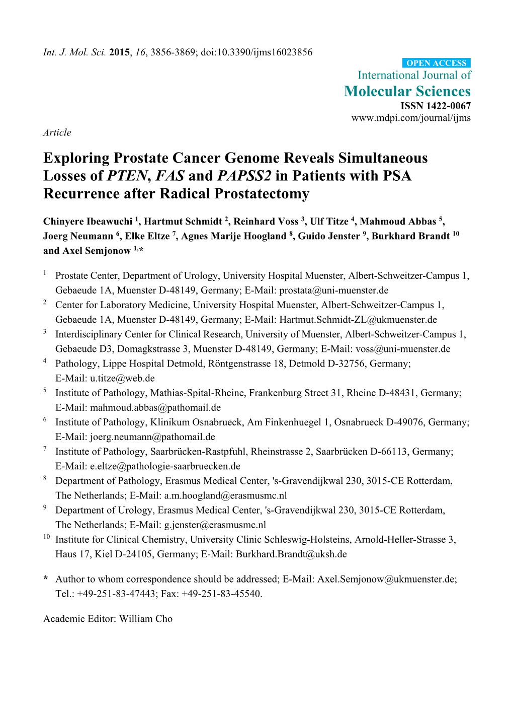 Exploring Prostate Cancer Genome Reveals Simultaneous Losses of PTEN, FAS and PAPSS2 in Patients with PSA Recurrence After Radical Prostatectomy