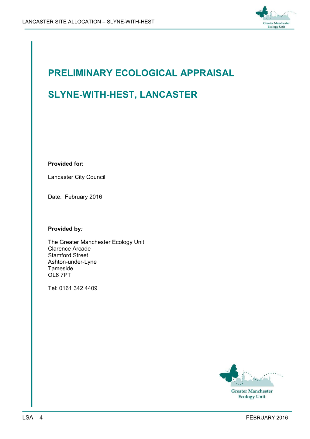 Preliminary Ecological Appraisal Slyne-With-Hest, Lancaster