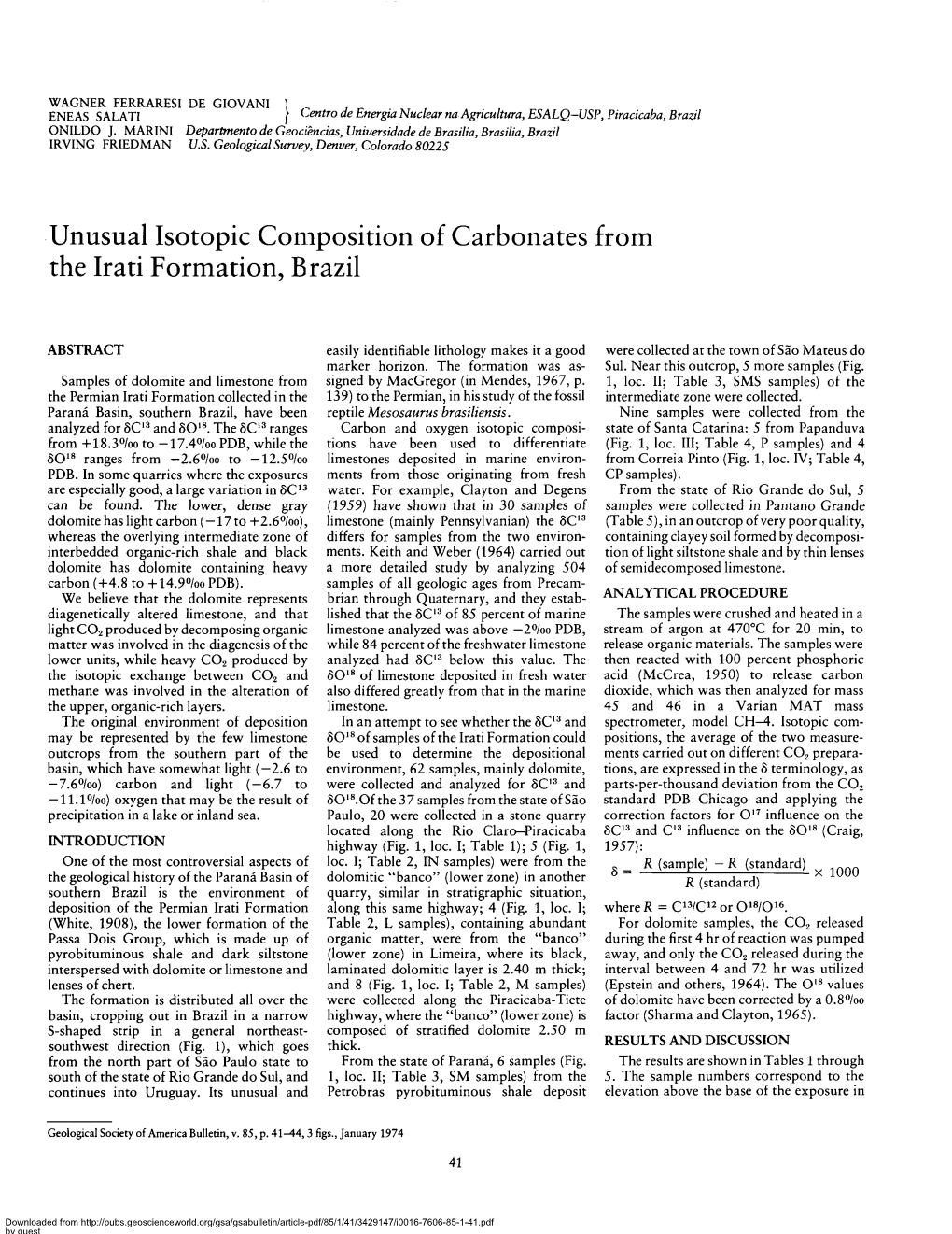 Unusual Isotopic Composition of Carbonates from the Irati Formation, Brazil