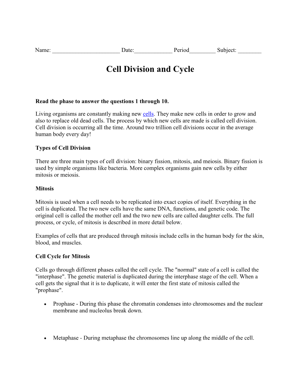 Cell Division and Cycle