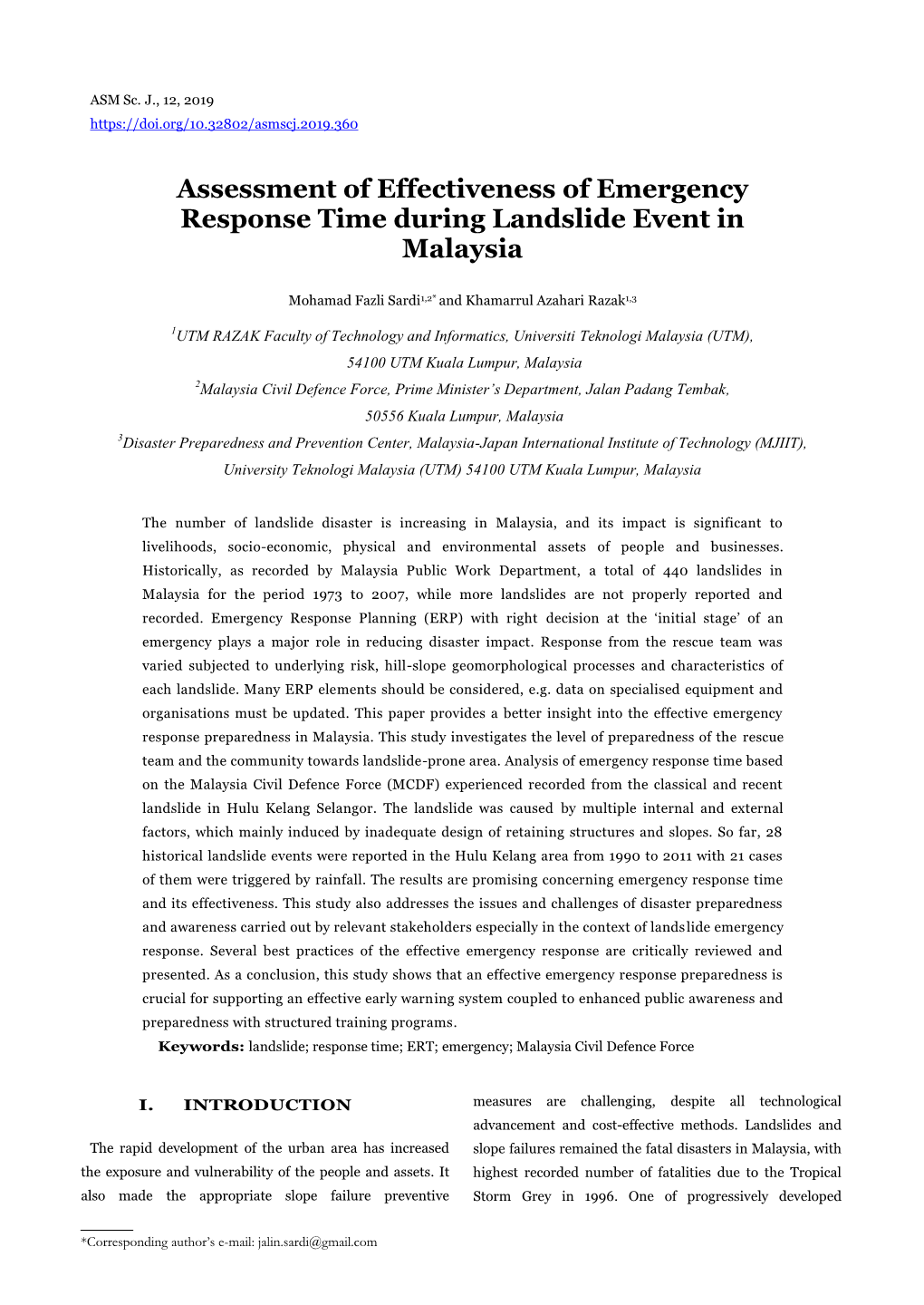 Assessment of Effectiveness of Emergency Response Time During Landslide Event in Malaysia