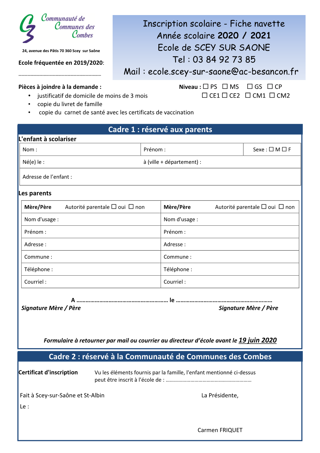 Fiche Navette D'inscription Scey 2020 2021