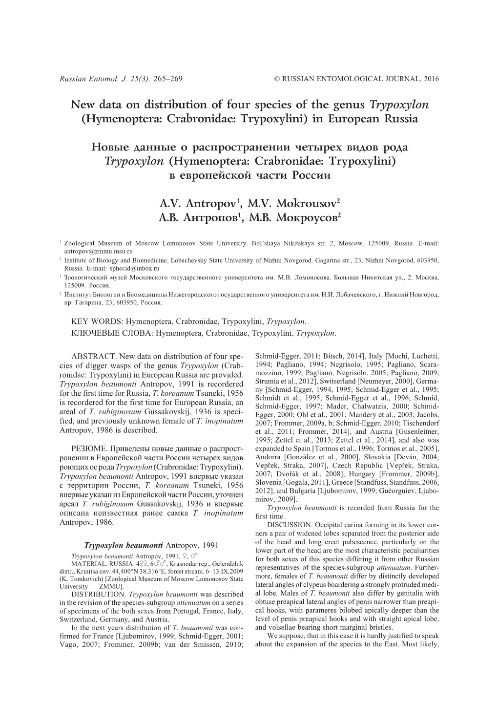 Hymenoptera: Crabronidae: Trypoxylini) in European Russia