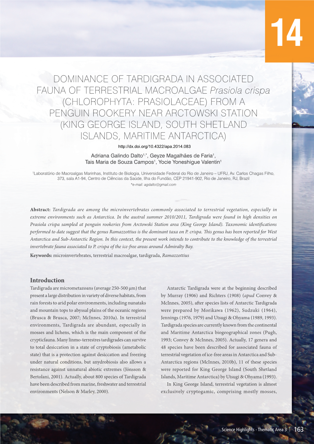 DOMINANCE of TARDIGRADA in ASSOCIATED FAUNA of TERRESTRIAL MACROALGAE Prasiola Crispa (CHLOROPHYTA: PRASIOLACEAE) from a PENGUIN