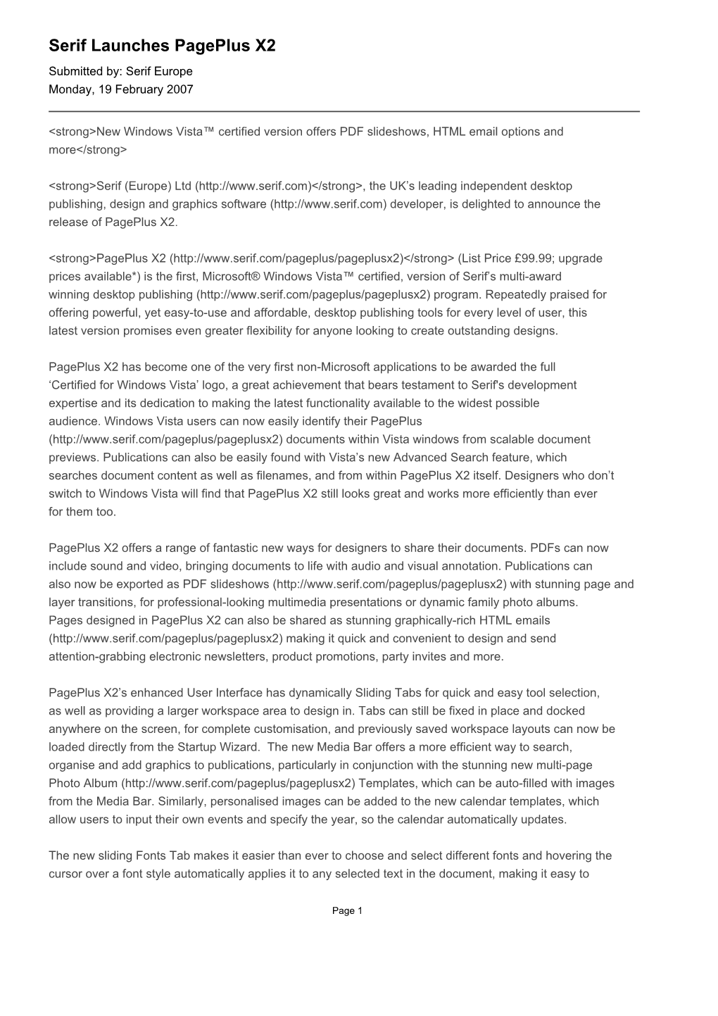 Serif Launches Pageplus X2 Submitted By: Serif Europe Monday, 19 February 2007