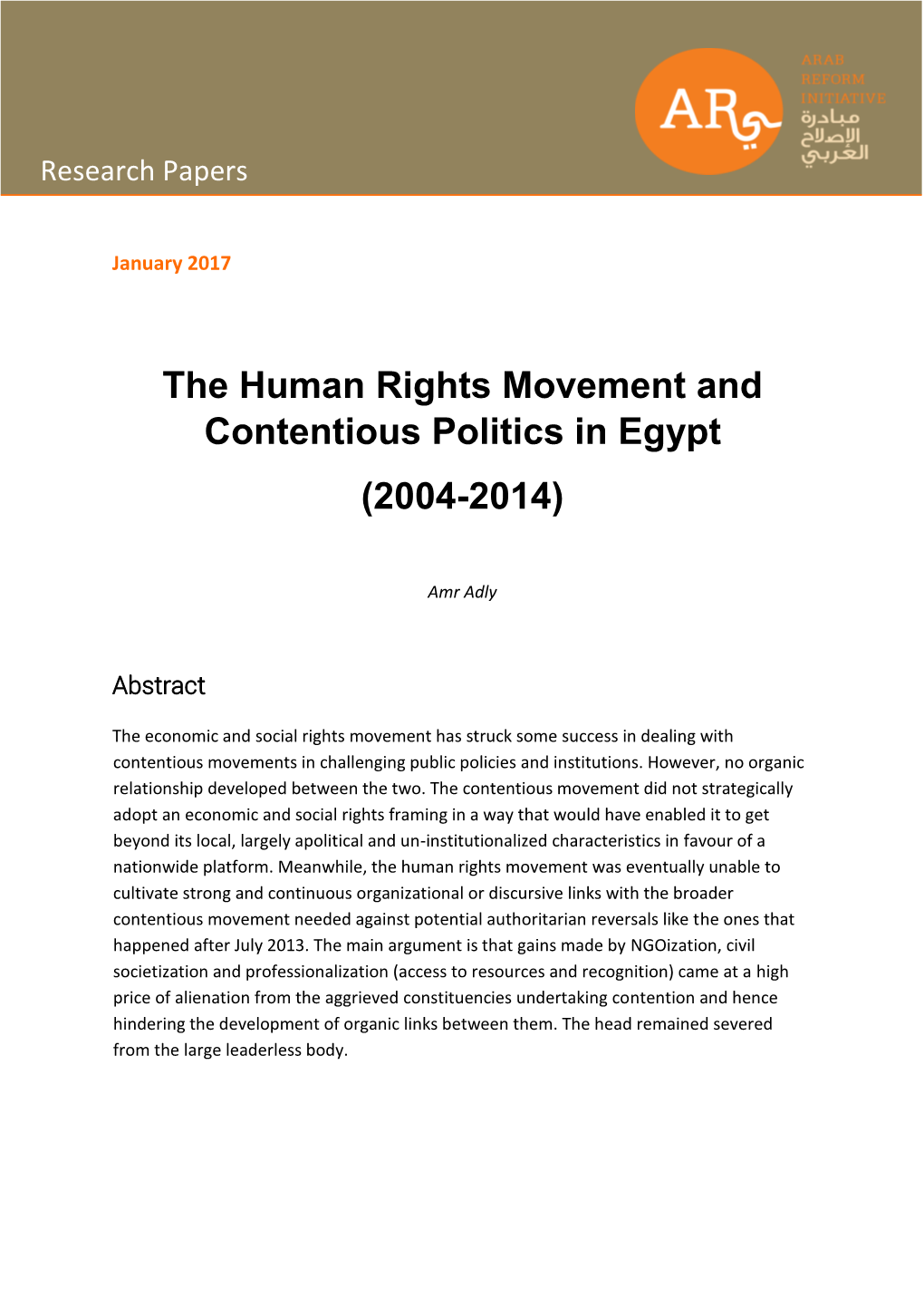The Human Rights Movement and Contentious Politics in Egypt (2004-2014)