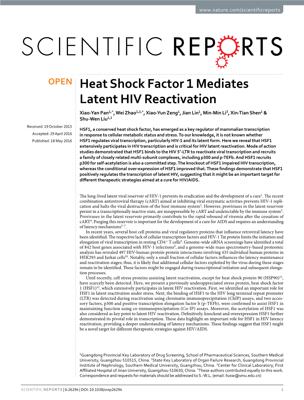 Heat Shock Factor 1 Mediates Latent HIV Reactivation