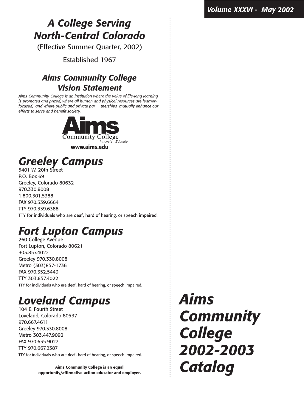 Aims Community College Catalog 2002-03