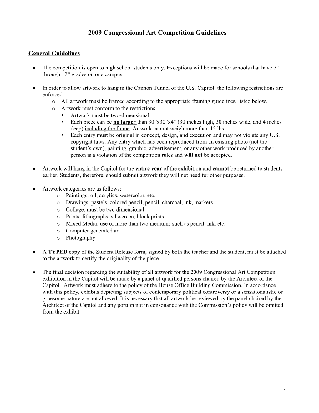 2009 Congressional Art Competition Guidelines