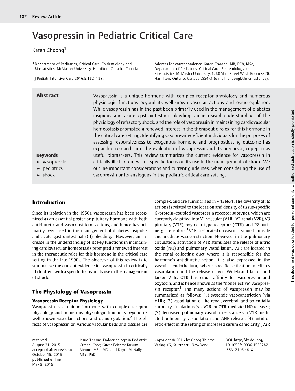 Vasopressin in Pediatric Critical Care