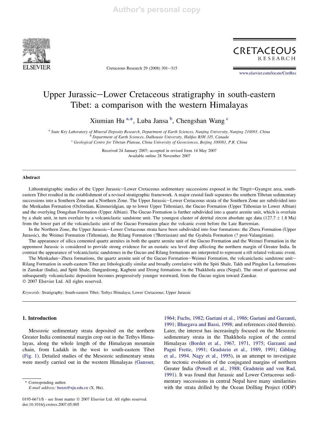 Upper Jurassicelower Cretaceous Stratigraphy in South-Eastern Tibet: a Comparison with the Western Himalayas