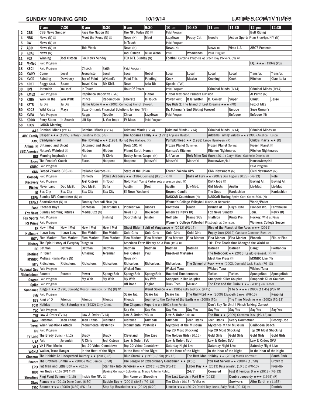 Sunday Morning Grid 10/19/14 Latimes.Com/Tv Times