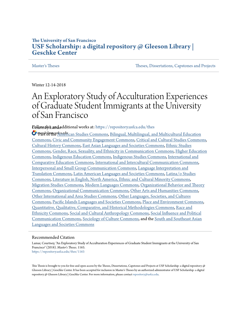 An Exploratory Study of Acculturation Experiences of Graduate Student Immigrants at the University of San Francisco