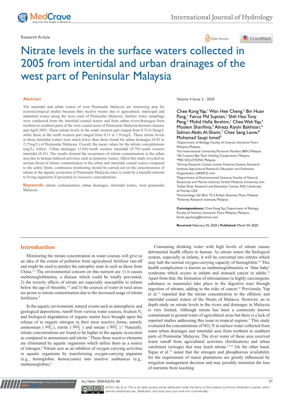 Nitrate Levels in the Surface Waters Collected in 2005 from Intertidal and Urban Drainages of the West Part of Peninsular Malaysia