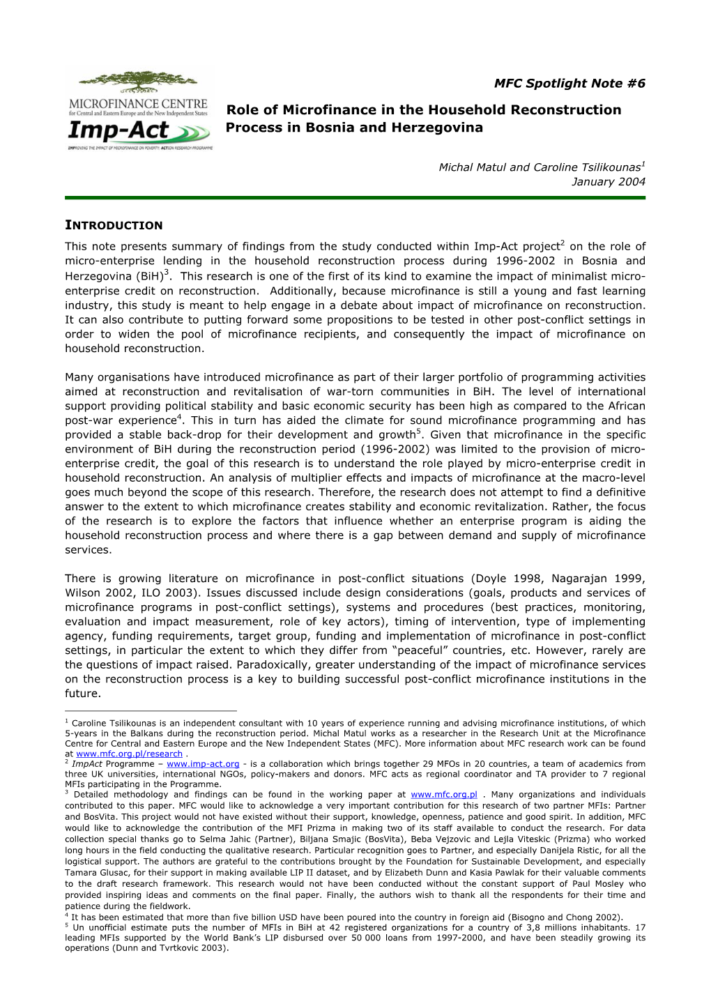 Role of Microfinance in the Household Reconstruction Process in Bosnia and Herzegovina