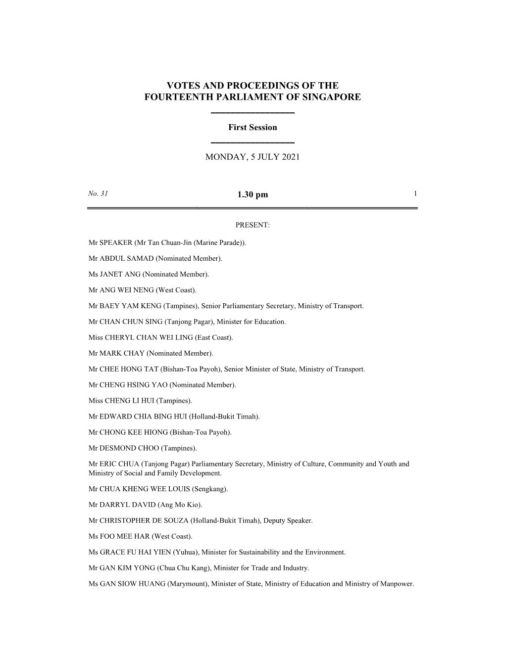 Votes and Proceedings of the Fourteenth Parliament of Singapore ______