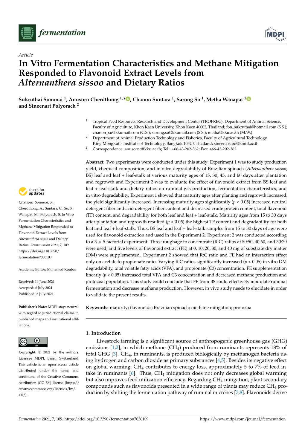 In Vitro Fermentation Characteristics and Methane Mitigation Responded to Flavonoid Extract Levels from Alternanthera Sissoo and Dietary Ratios