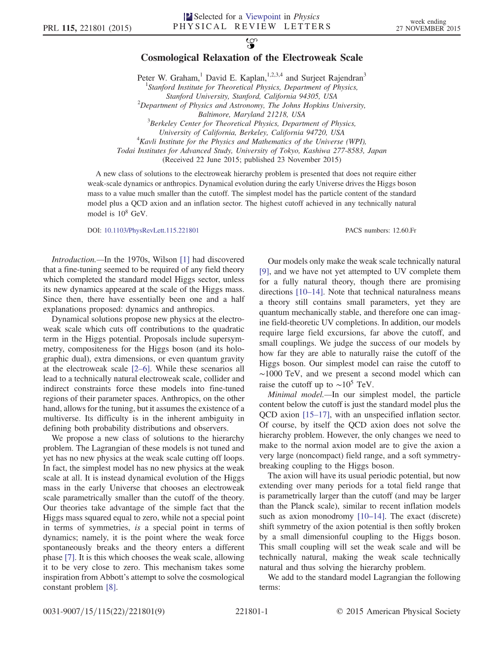 Cosmological Relaxation of the Electroweak Scale