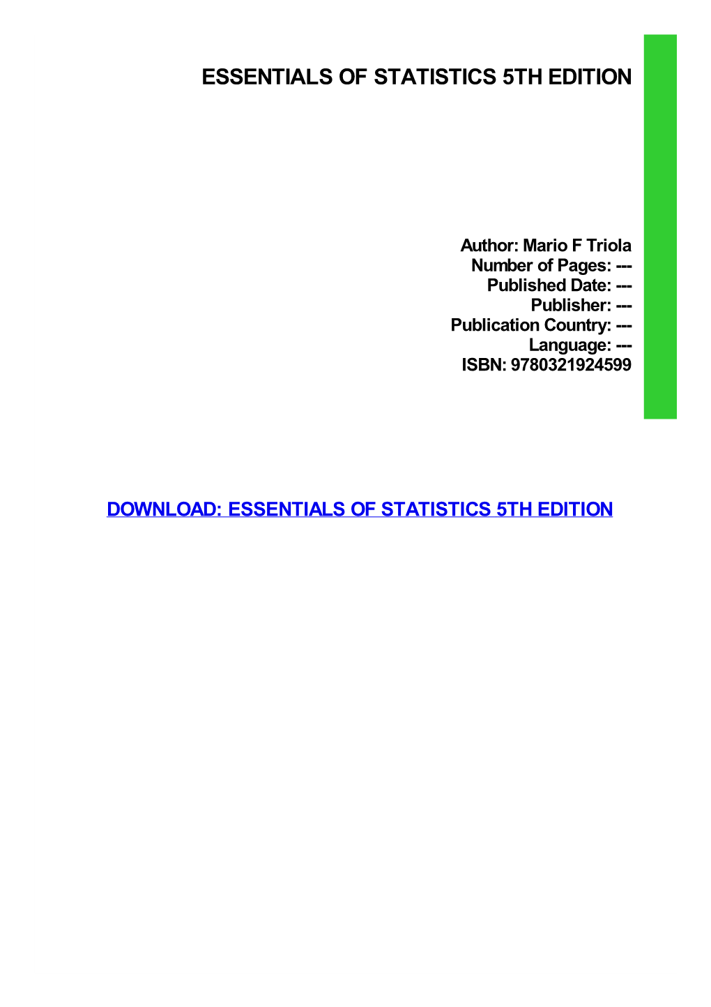 Read Book Essentials of Statistics 5Th Edition Ebook, Epub