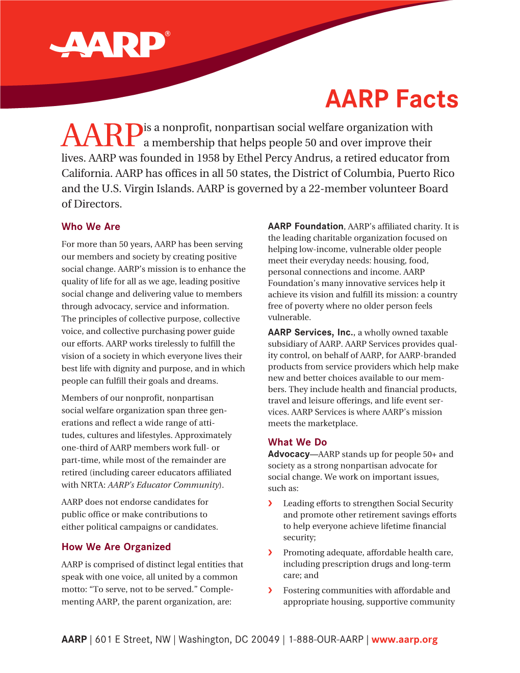 AARP Facts Is a Nonprofit, Nonpartisan Social Welfare Organization with Aarpa Membership That Helps People 50 and Over Improve Their Lives