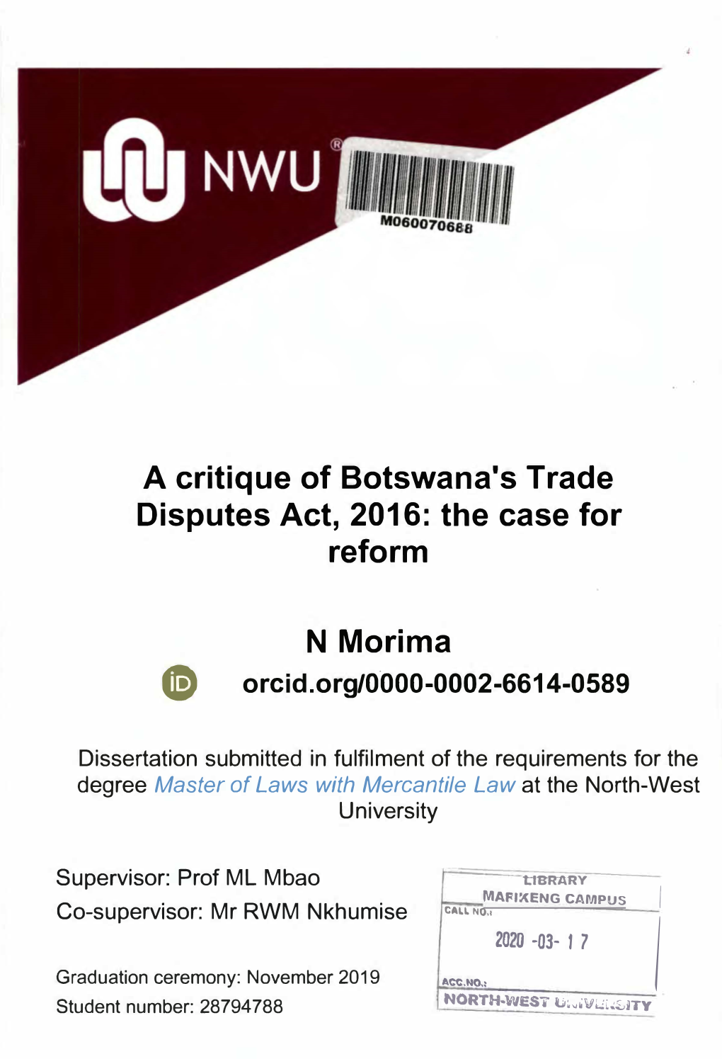 A Critique of Botswana's Trade Disputes Act, 2016: the Case for Reform