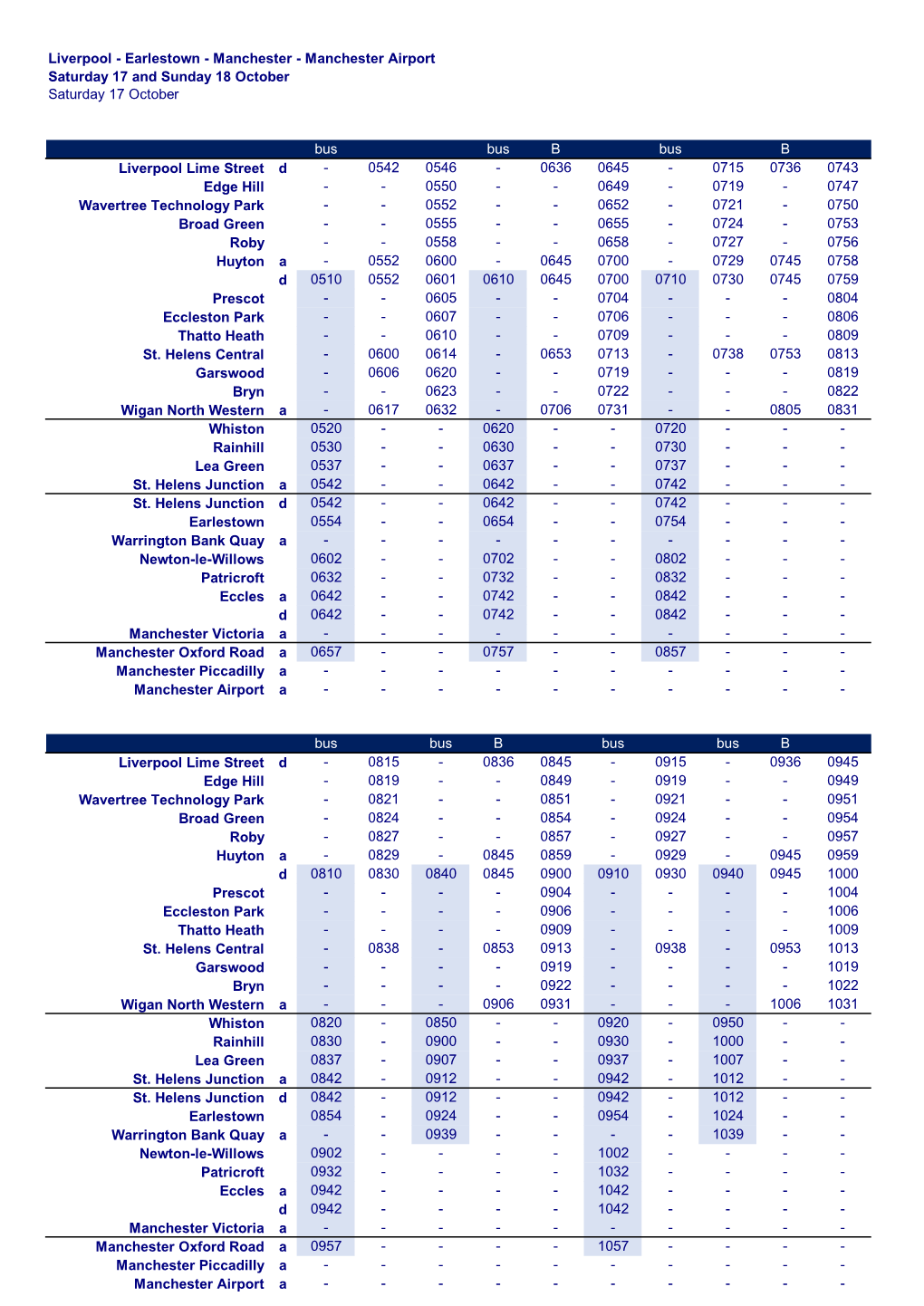 Earlestown - Manchester - Manchester Airport Saturday 17 and Sunday 18 October Saturday 17 October
