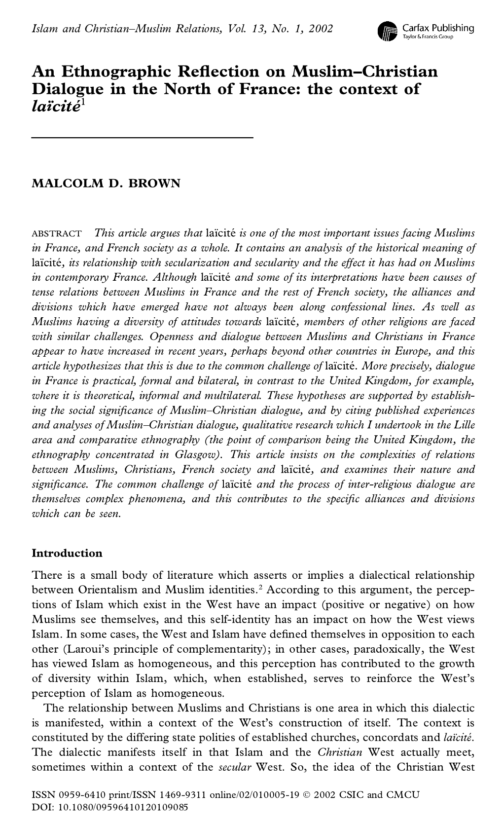 An Ethnographic Reflection on Muslim-Christian Dialogue in The