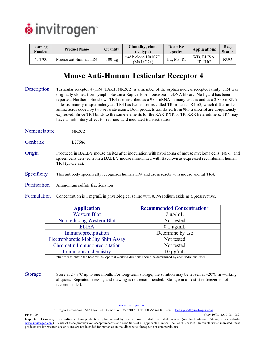 Mouse Anti-Human Testicular Receptor 4