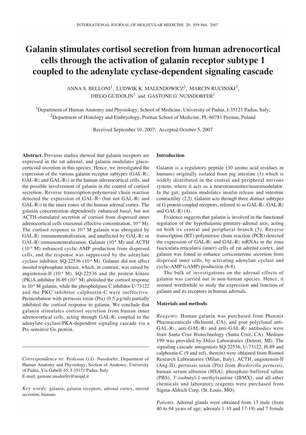 Galanin Stimulates Cortisol Secretion from Human Adrenocortical Cells