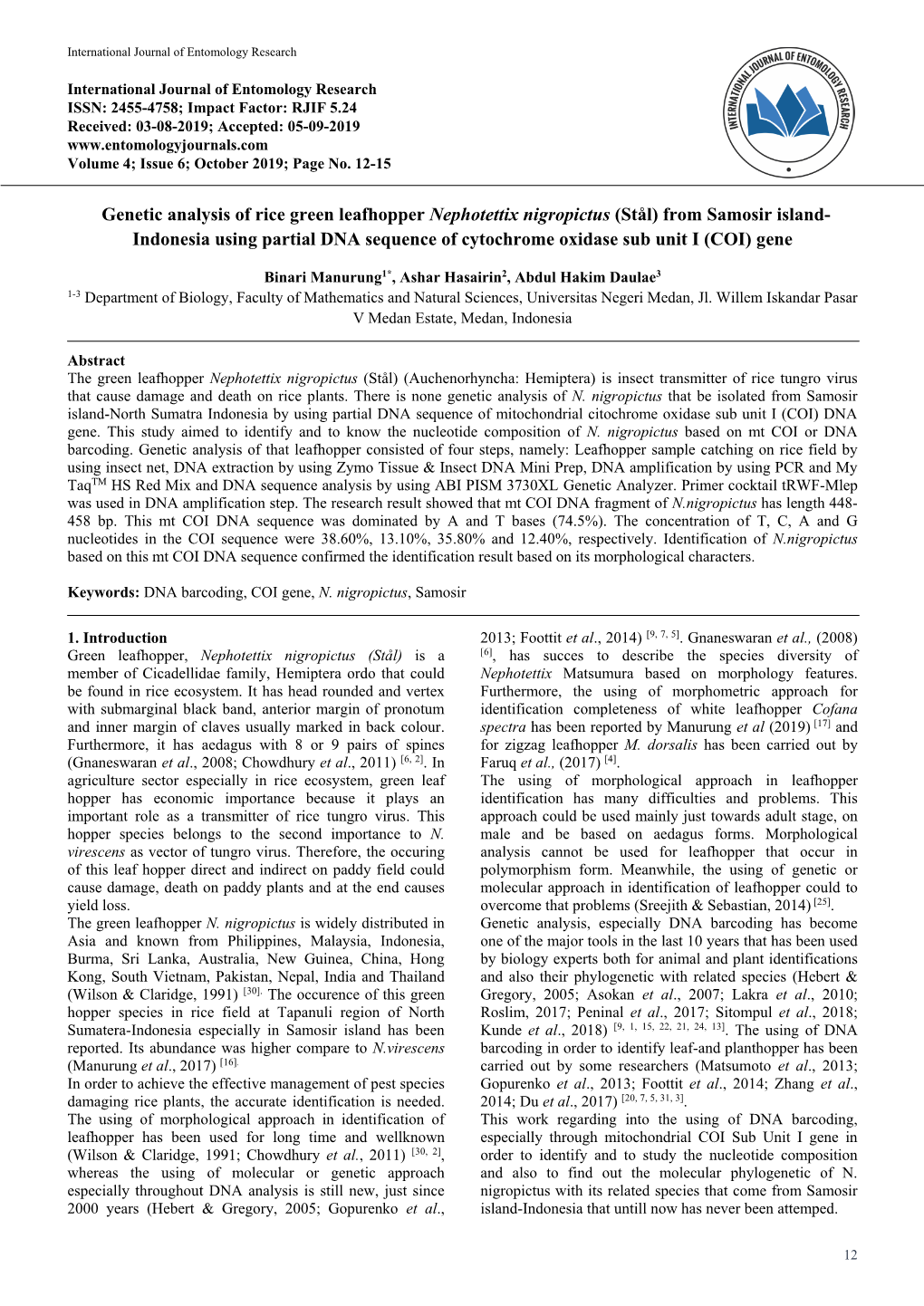 Genetic Analysis of Rice Green Leafhopper Nephotettix Nigropictus