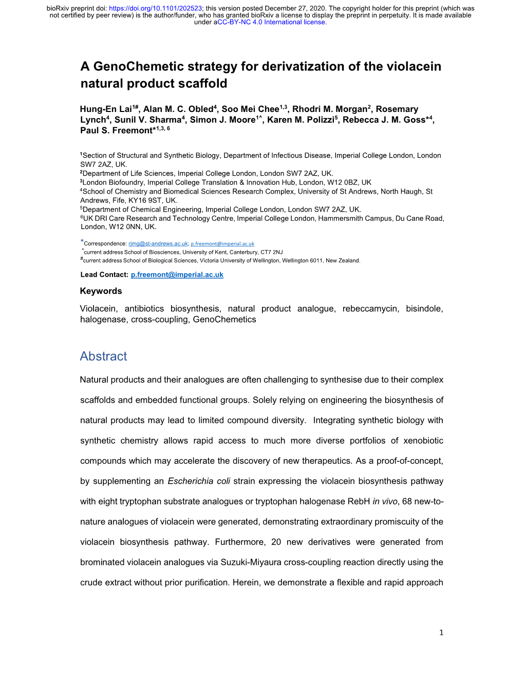 A Genochemetic Strategy for Derivatization of the Violacein Natural Product Scaffold