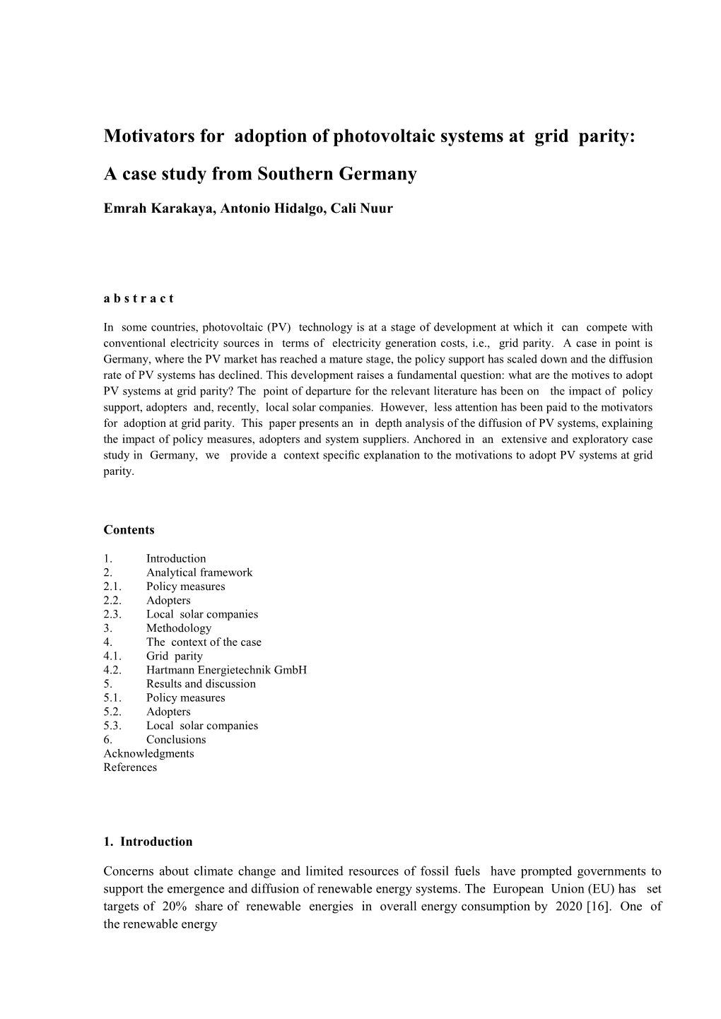 Motivators for Adoption of Photovoltaic Systems at Grid Parity: a Case Study from Southern Germany