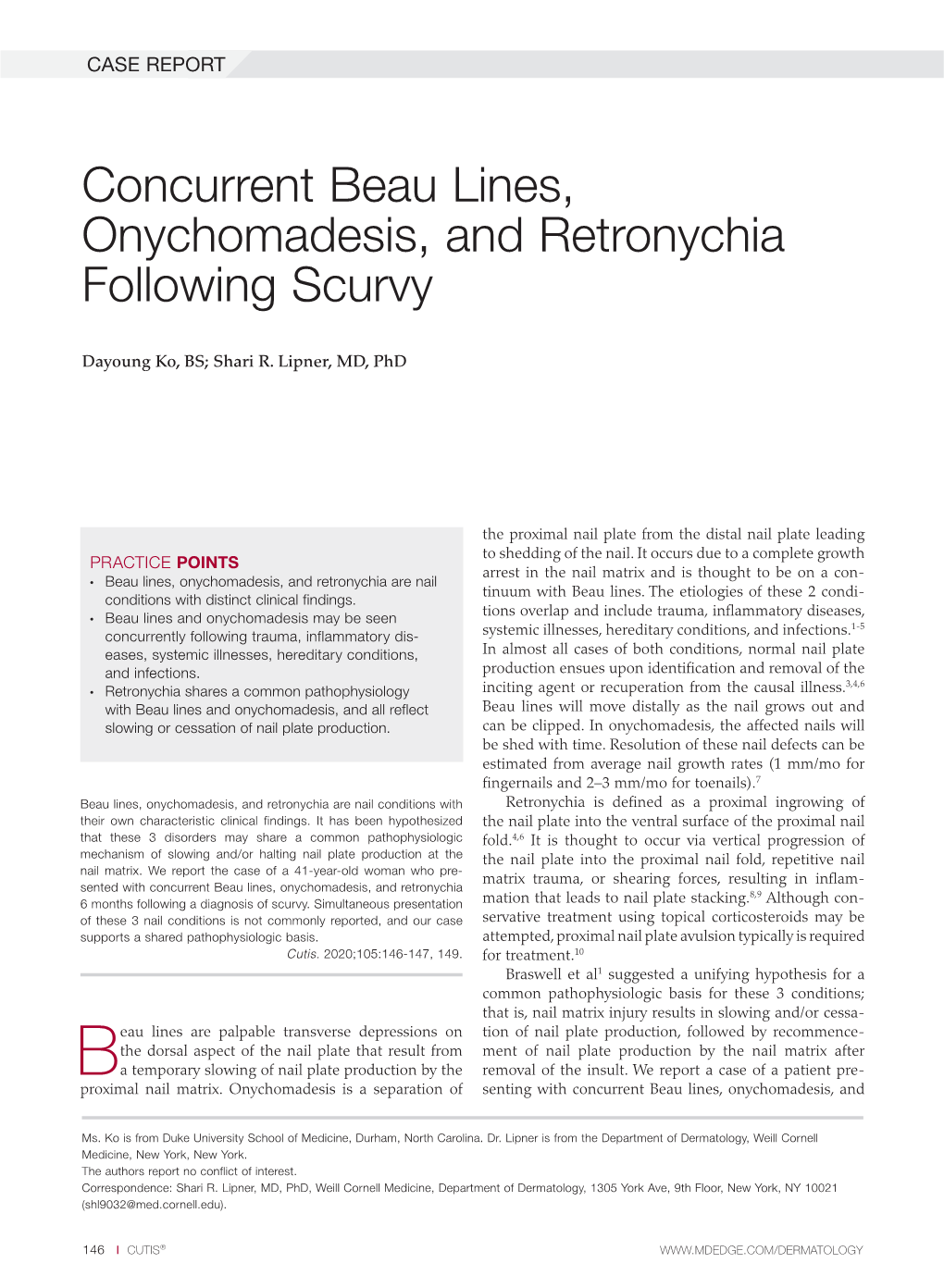 Concurrent Beau Lines, Onychomadesis, and Retronychia Following Scurvy