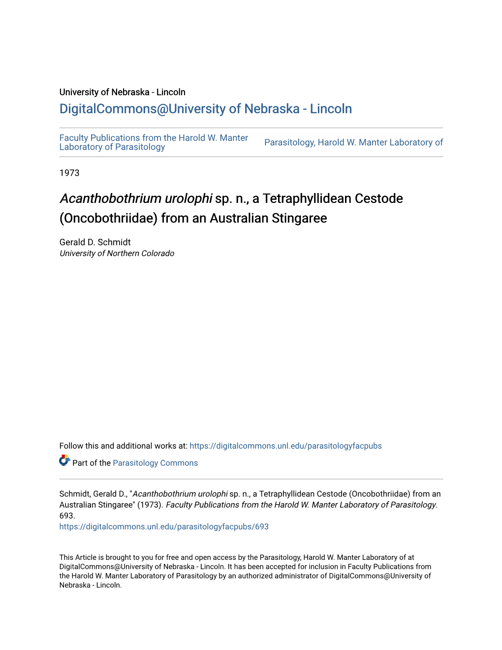 Acanthobothrium Urolophi Sp. N., a Tetraphyllidean Cestode (Oncobothriidae) from an Australian Stingaree