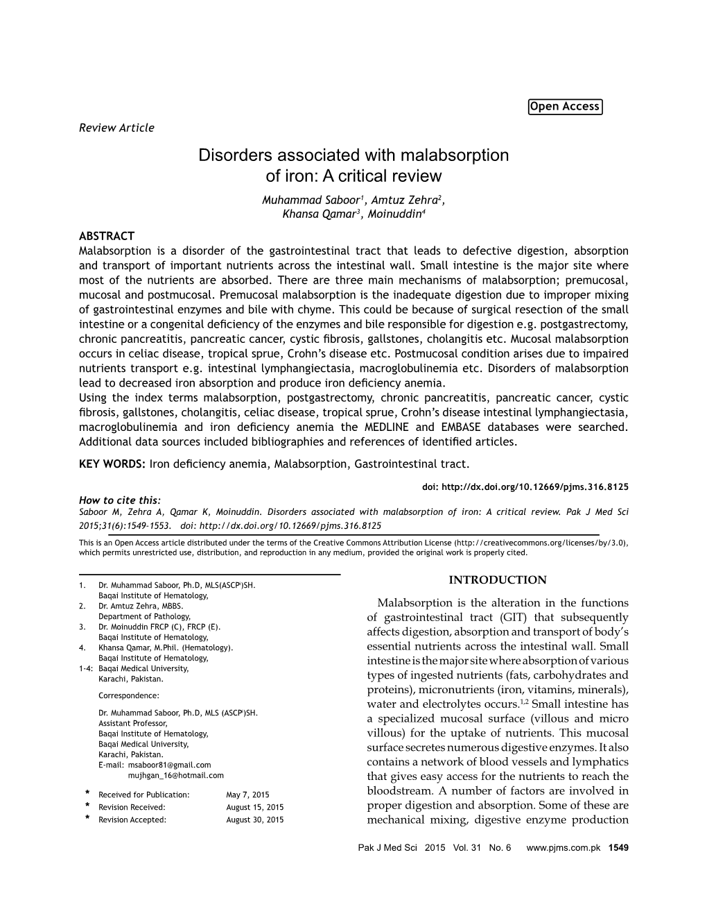 Disorders Associated with Malabsorption of Iron