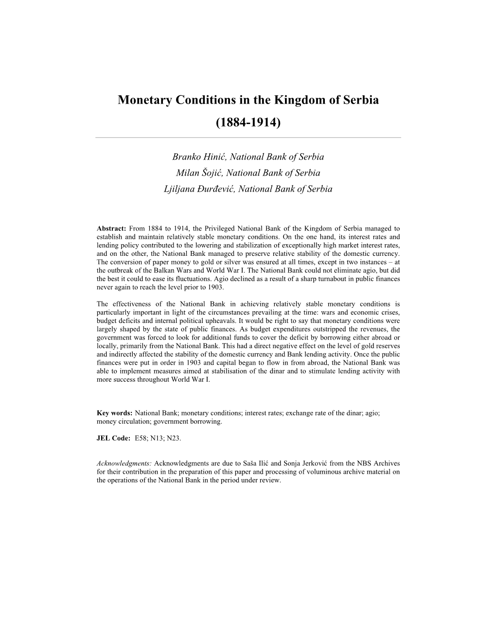 Monetary Conditions in the Kingdom of Serbia (1884-1914)