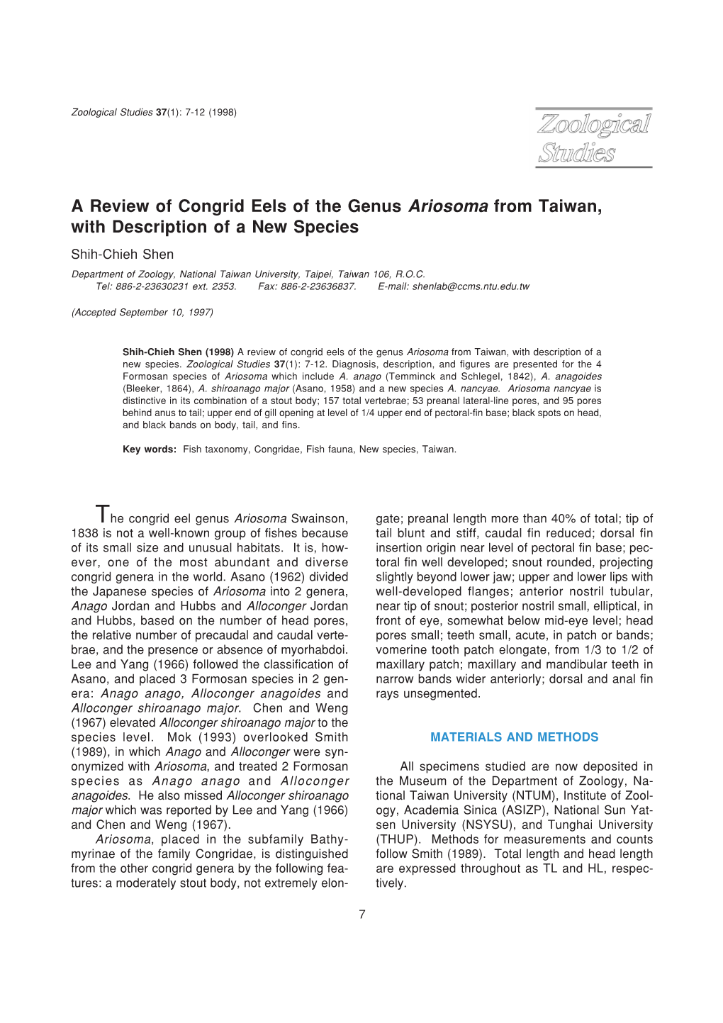 A Review of Congrid Eels of the Genus Ariosoma from Taiwan, With