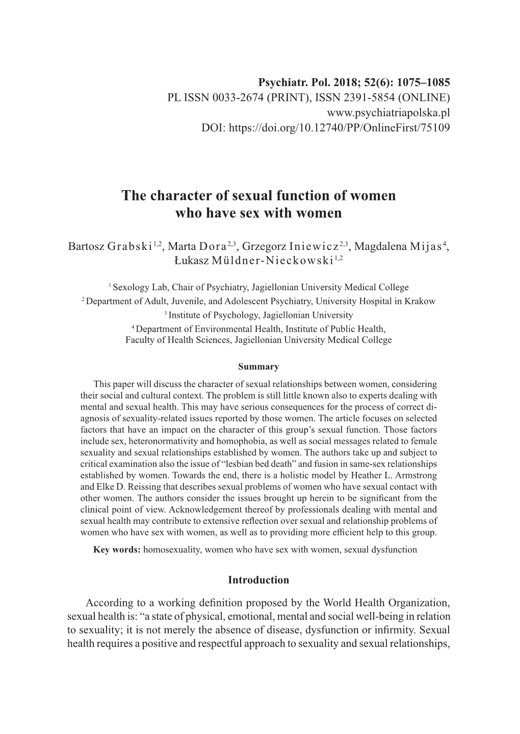 The Character of Sexual Function of Women Who Have Sex with Women