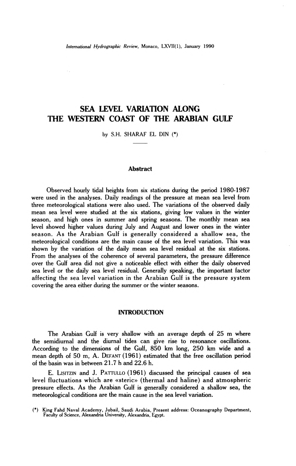 Sea Level Variation Along the Western Coast of the Arabian Gulf