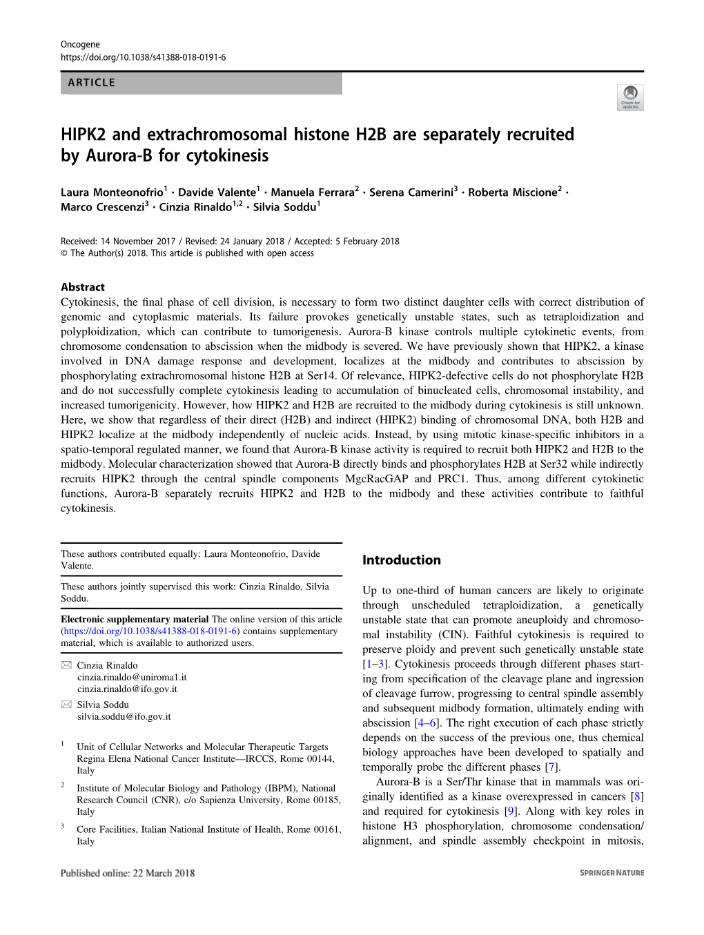 HIPK2 and Extrachromosomal Histone H2B Are Separately Recruited by Aurora-B for Cytokinesis