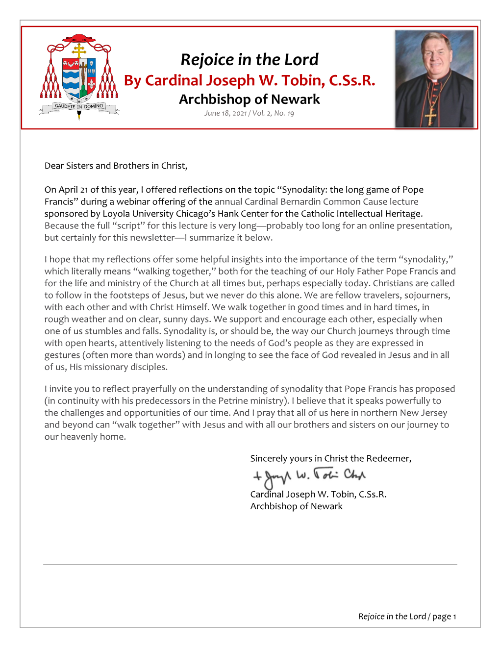 Rejoice in the Lord by Cardinal Joseph W