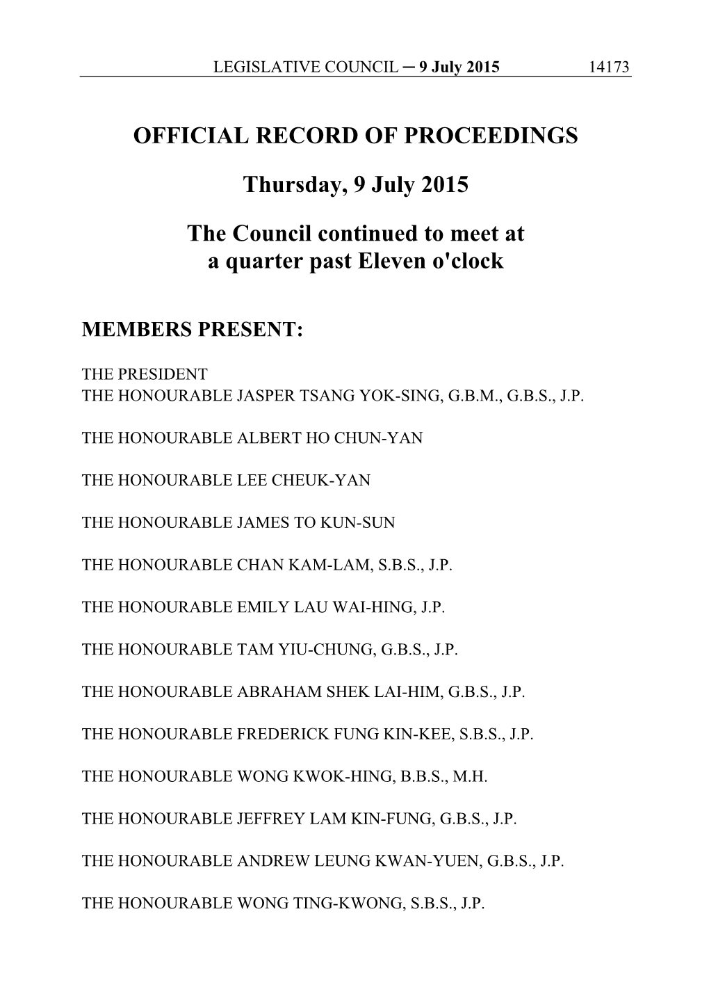 OFFICIAL RECORD of PROCEEDINGS Thursday, 9 July