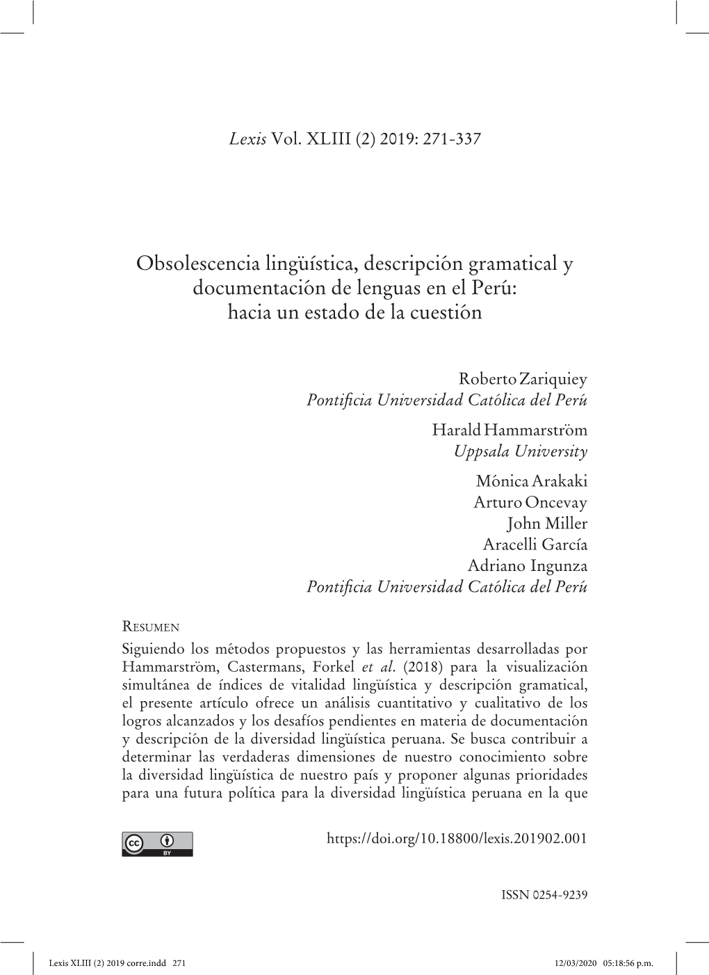 Obsolescencia Lingüística, Descripción Gramatical Y Documentación De Lenguas En El Perú: Hacia Un Estado De La Cuestión