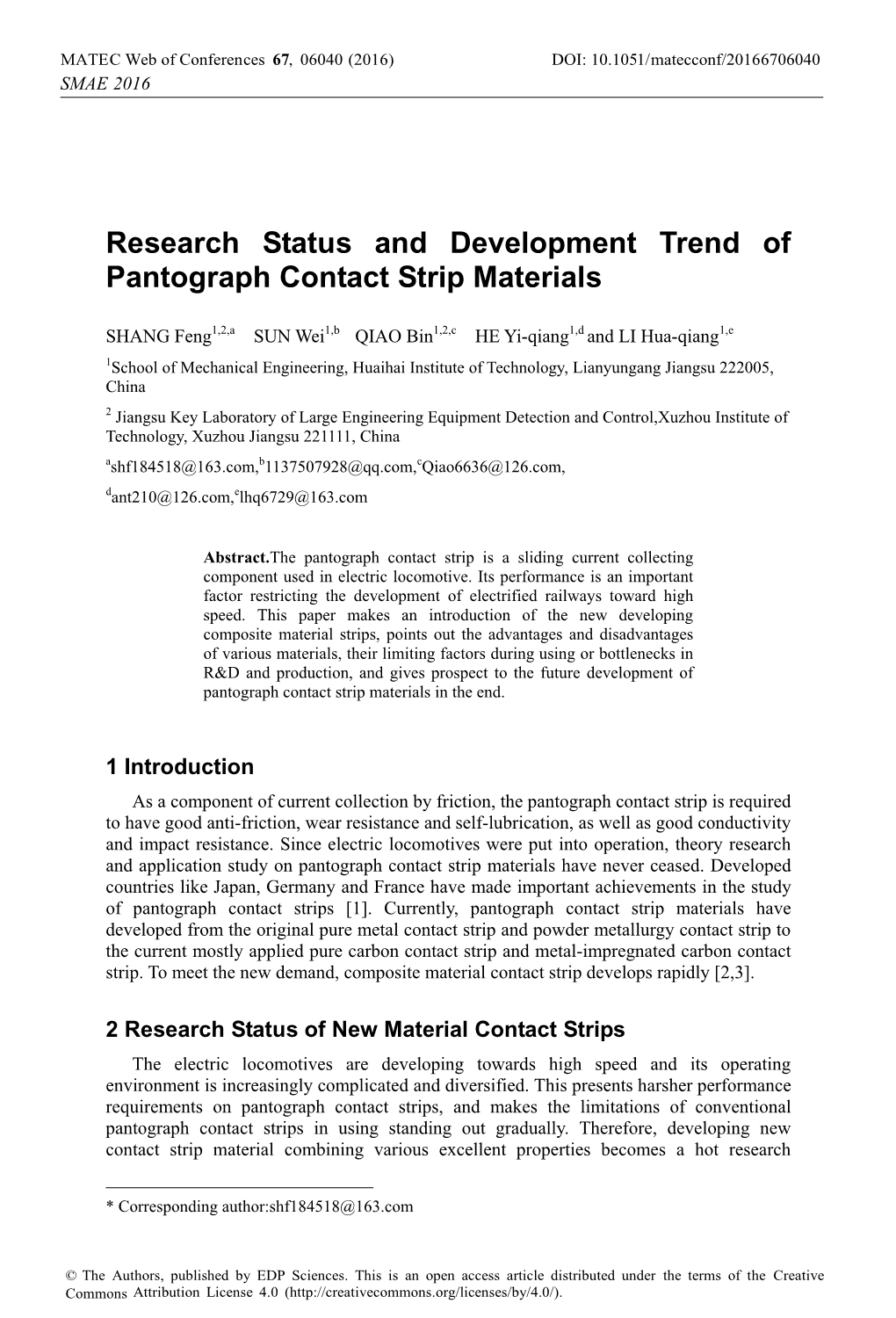 Research Status and Development Trend of Pantograph Contact Strip Materials